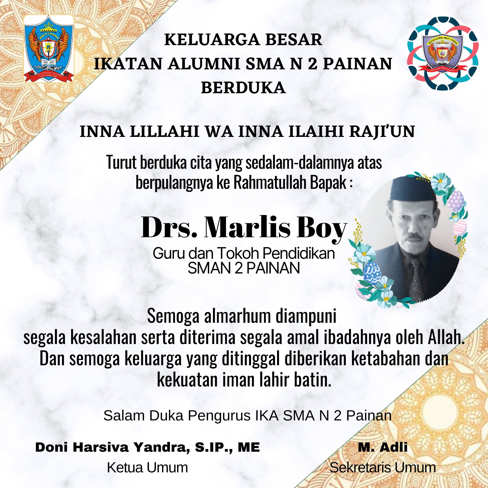 Drs. Marlis Boy Mantan Guru SMA Negeri 2 Painan berpulang ke Rahmatullah